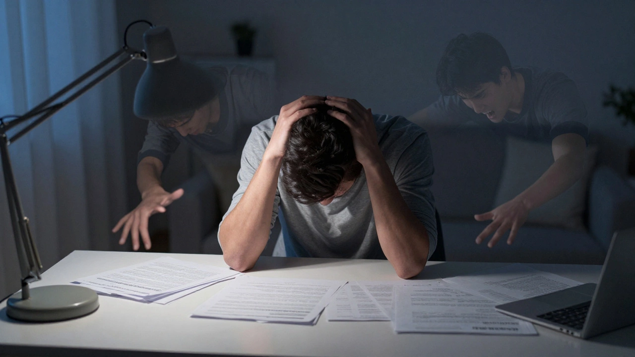 Человек в напряжении за столом ночью, демонстрирующий симптомы когнитивного диссонанса