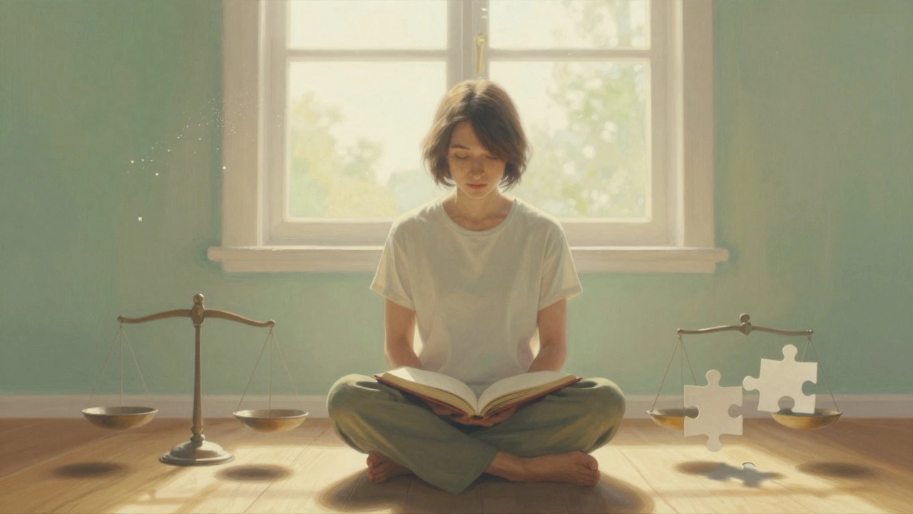 Человек в спокойной медитации с дневником, символизирующий преодоление внутреннего конфликта