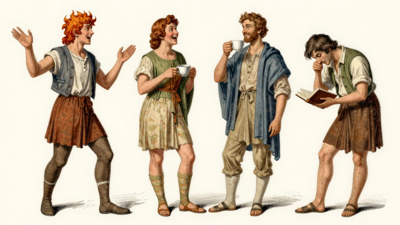 Четыре человека, представляющие классические темпераменты: холерик, сангвиник, флегматик и меланхолик, в стиле старинной психологической иллюстрации.