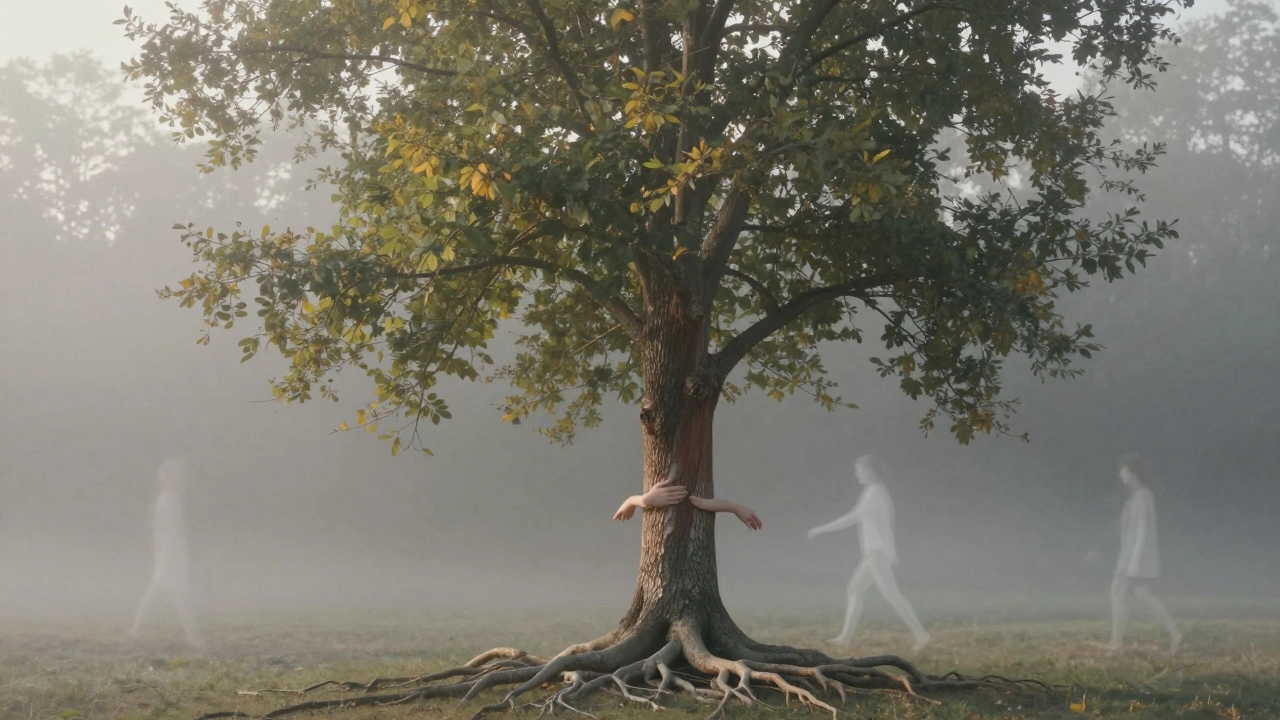Дерево в лесу, чья кора и листья меняются с каждым ветром, символизируя текучую идентичность.