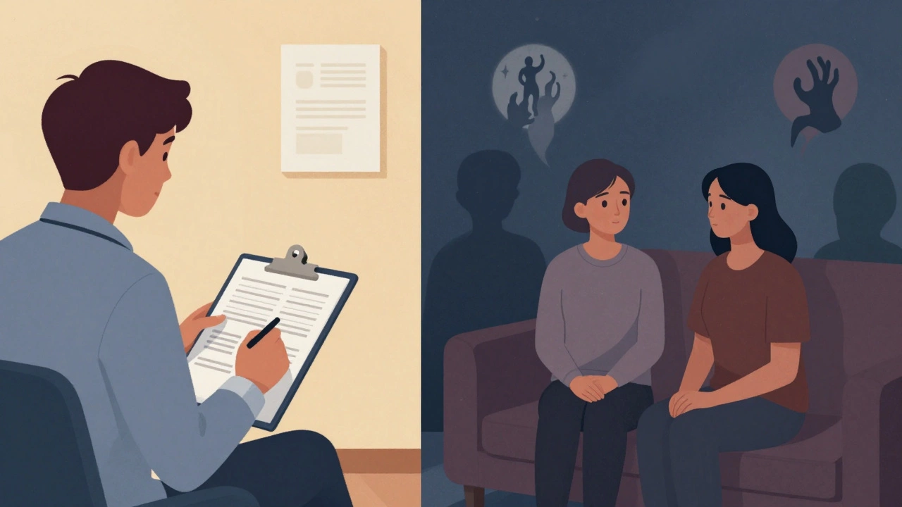 Два сценария: клиническая оценка симптомов и глубокая терапия с символами бессознательного — визуальное сравнение подходов.