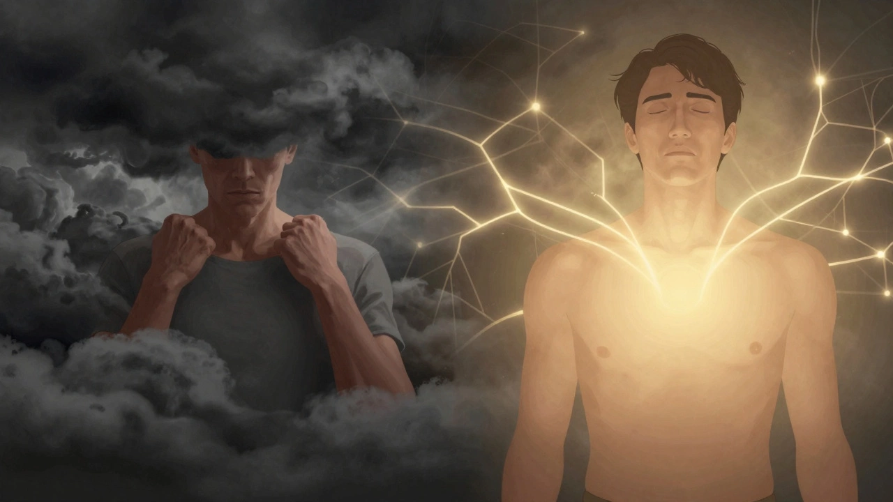 Два состояния одного человека: напряженный и расслабленный, с визуализацией нервных связей между эмоциями и телом.