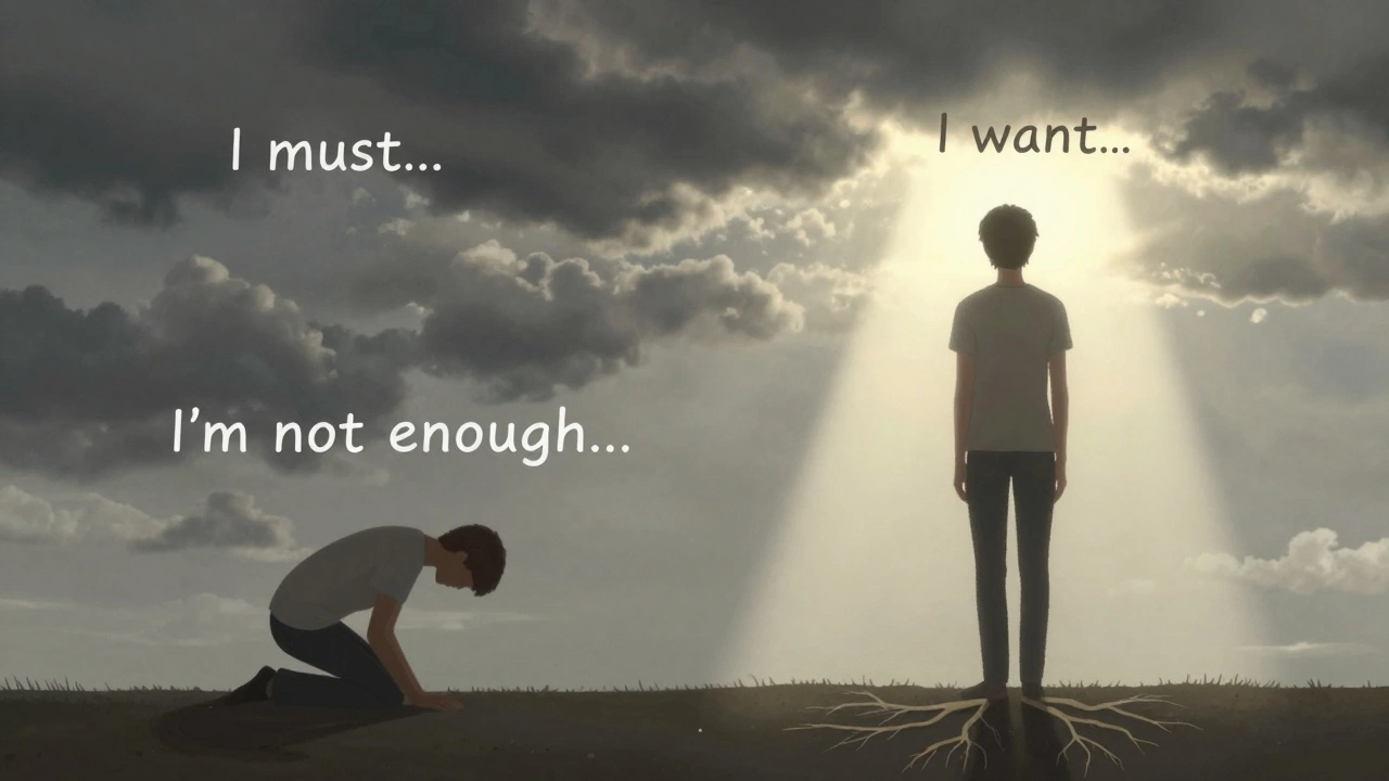 Два состояния одного человека: под тяжестью внутренних установок и в свете принятия своих желаний.