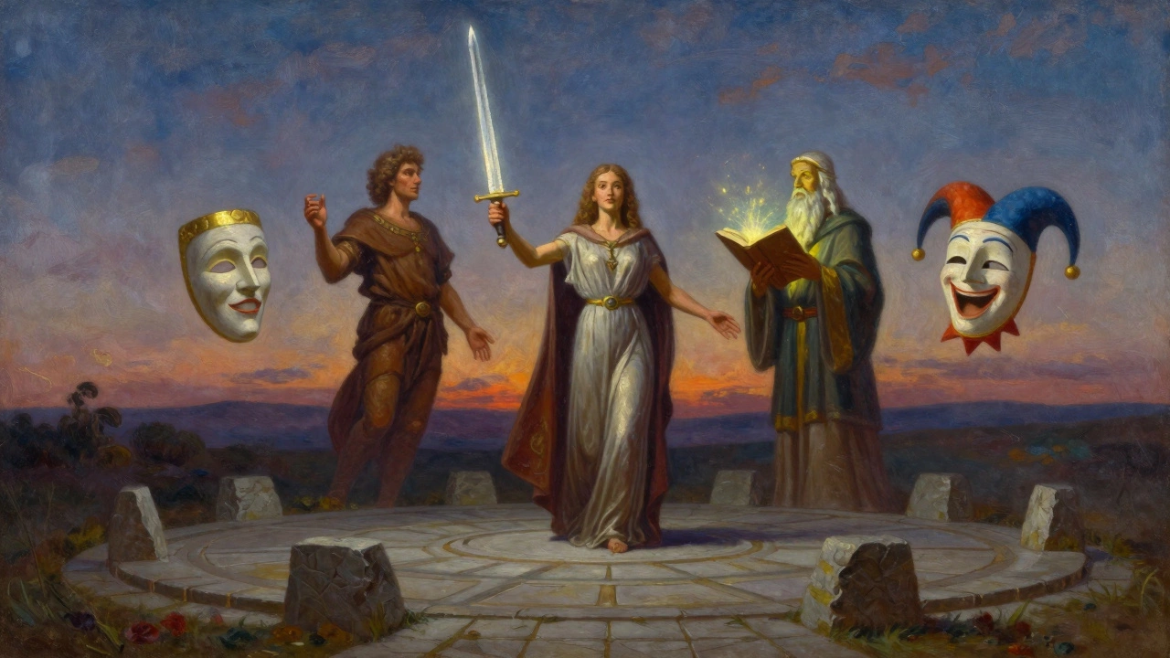 Фигура в центре каменного круга с архетипическими масками Героя, Заботливого, Мудреца и Шута.