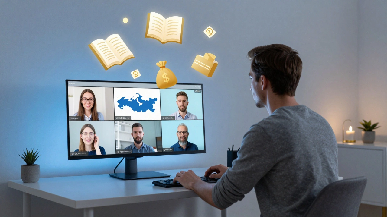 Коуч на видеозвонке с множеством клиентов, вокруг — символы курсов и дохода.
