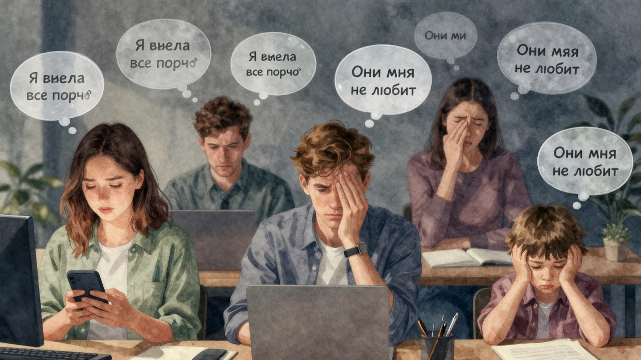 Люди в повседневных ситуациях с прозрачными негативными мыслями, висящими над ними.