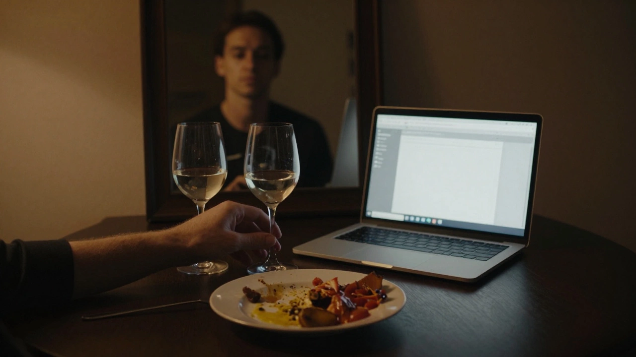 На столе — бокал вина, еда и выключенный экран, отражающий пустоту без явного человека.