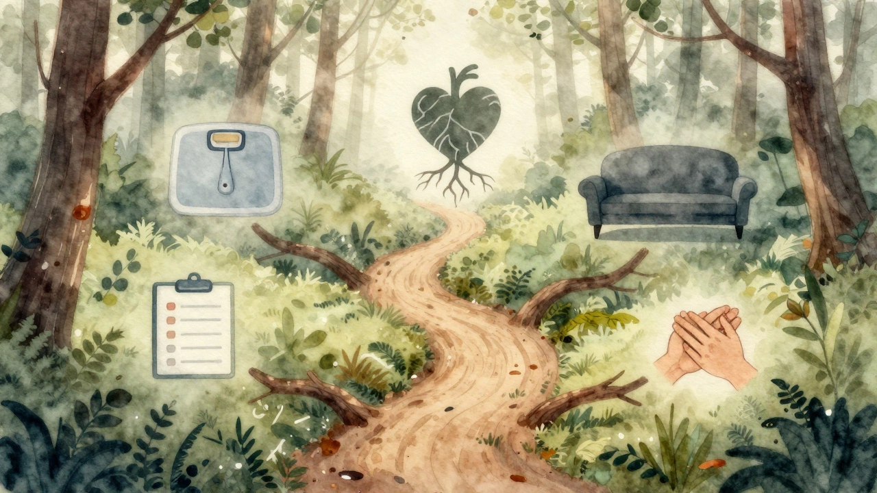 Пять дорожек в лесу, каждая символизирует разный тип психологической помощи: диагностика, глубинная работа, анализ, коучинг, семейная терапия.