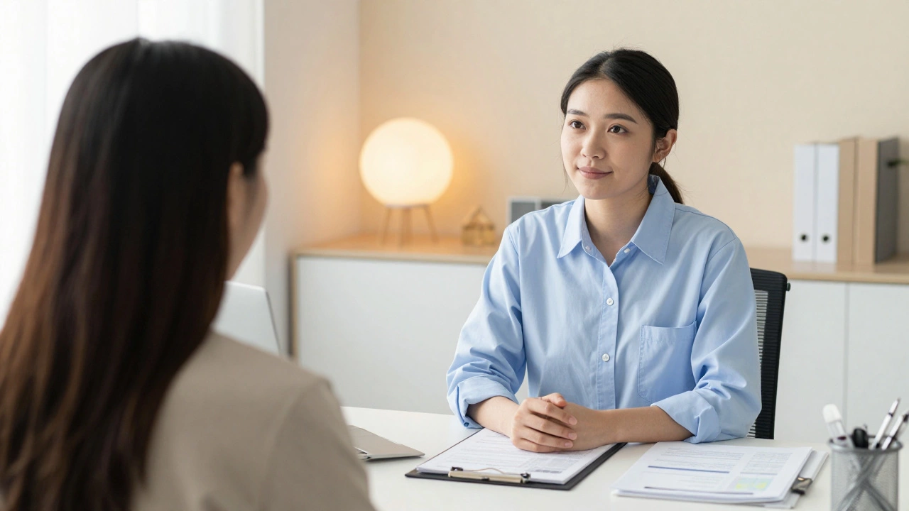 Психиатр и пациент в кабинете, на столе лежат медицинские документы.