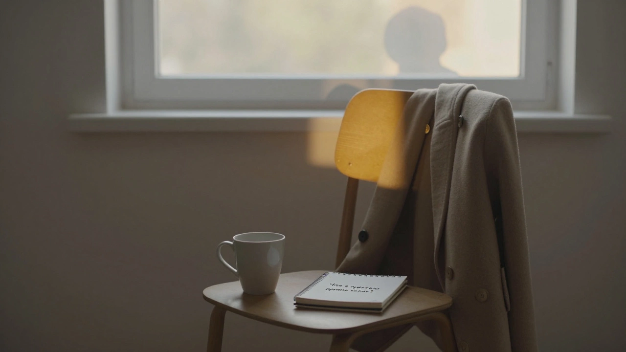 Пустой стул у окна с открытым дневником и следом человека, символизирующий самонаблюдение.