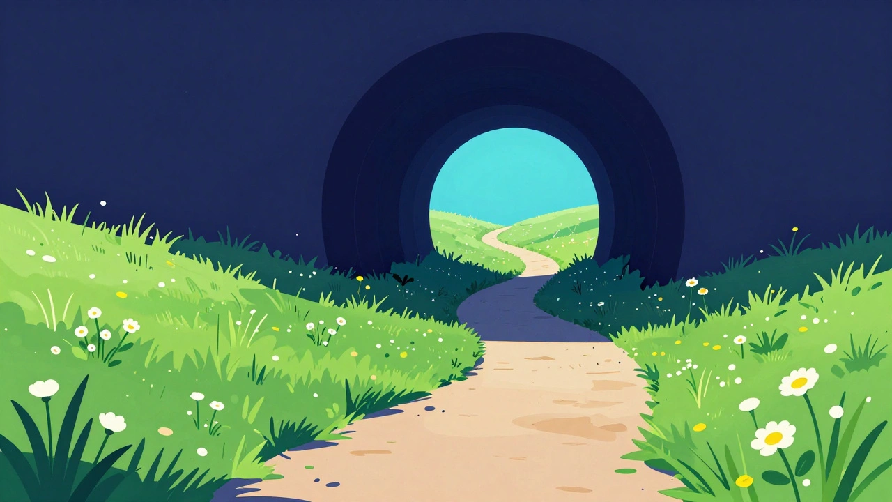 Путь из тьмы к свету через поле, символ выздоровления от депрессии.