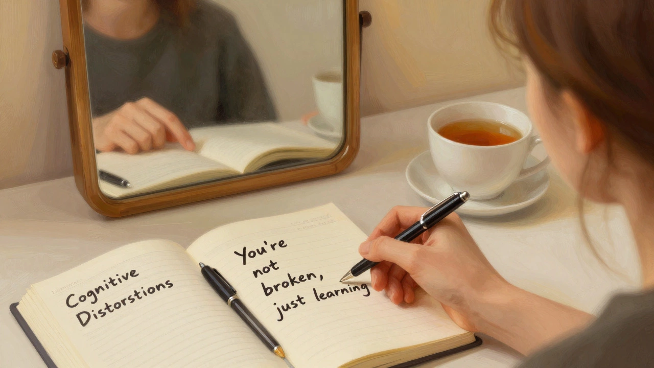 Рука пишет в дневнике, а в зеркале отражается поддерживающая версия самого себя.