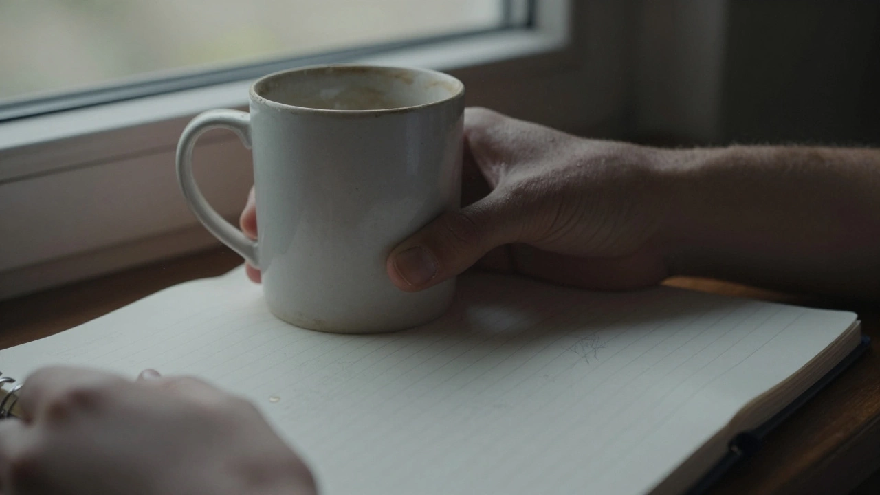 Руки держат пустую чашку и тетрадь с размытым пятном от слёзы.