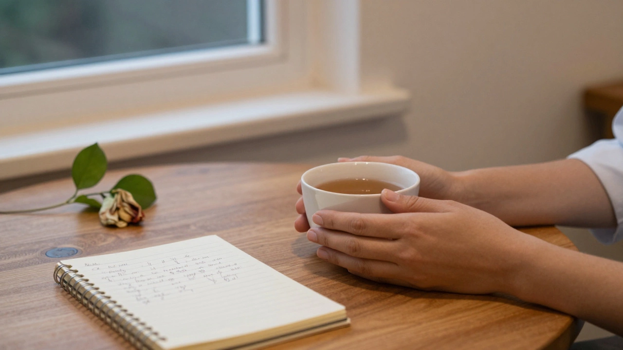 Руки психолога держат чашку чая рядом с записной книжкой и растением в тихом кабинете.