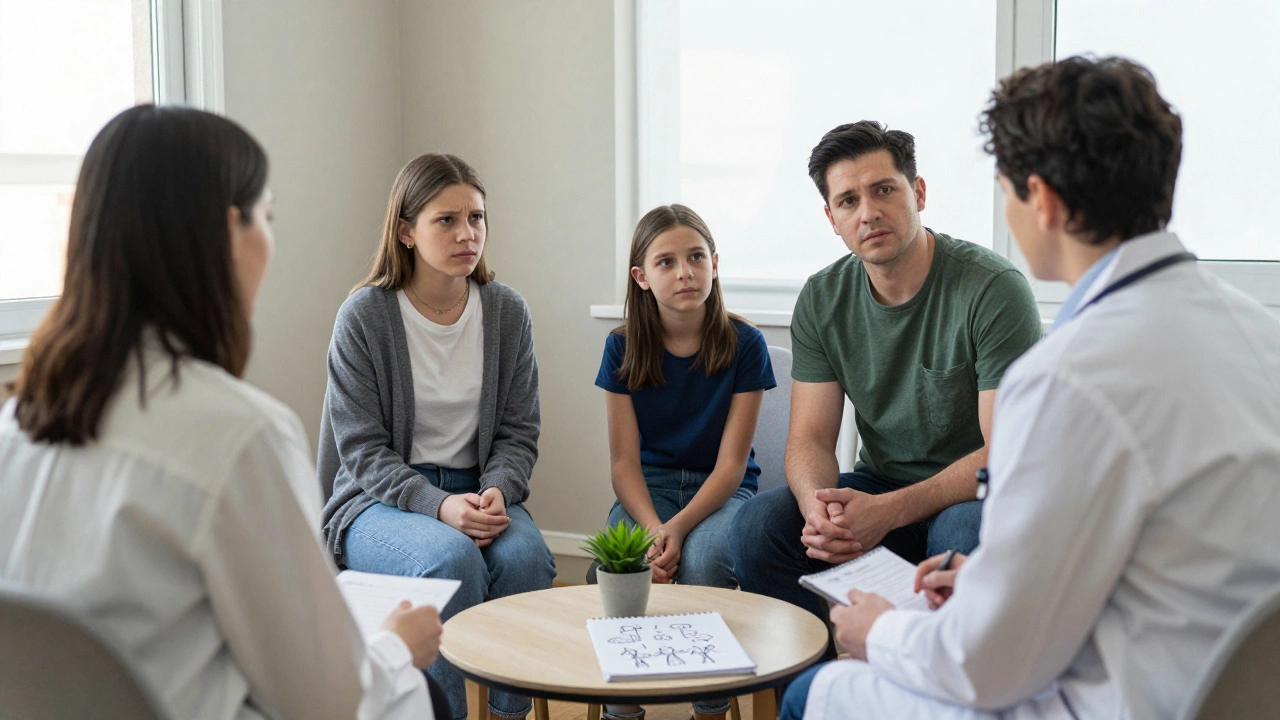 Семейный психолог работает с родителями и подростком, восстанавливая коммуникацию.