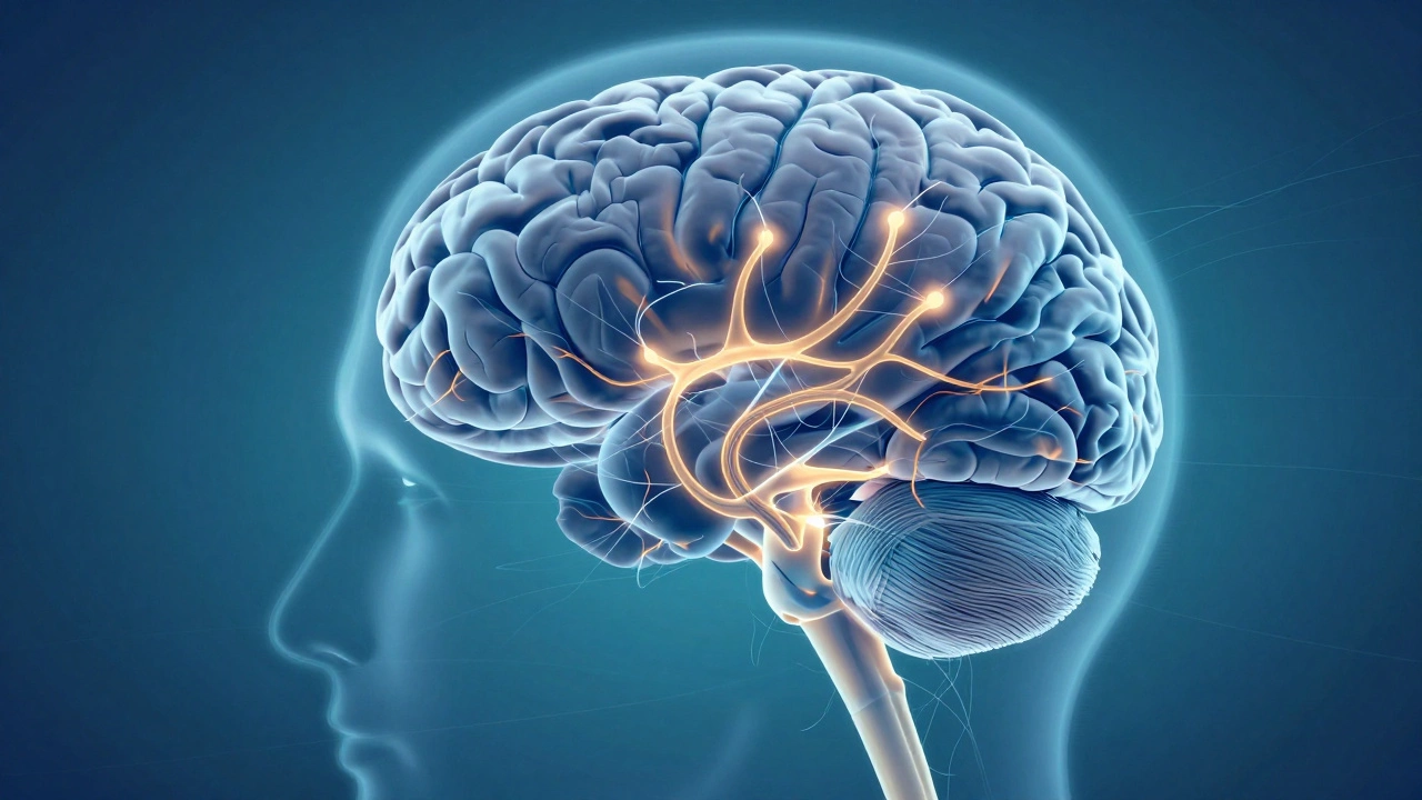 Схема мозга с активными связями между гиппокампом и префронтальной корой, символизирующая изменения при КПТ.