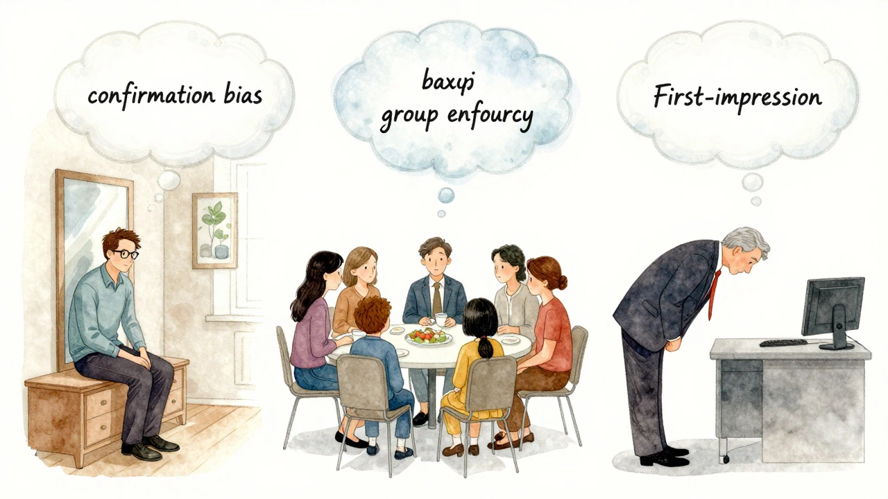 Три человека из разных культур с визуализацией когнитивных искажений, показывающих влияние культуры на поведение.