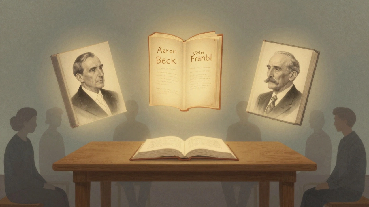 Три ключевых психолога — Роджерс, Бек и Франкл — символически представлены светящимися книгами.