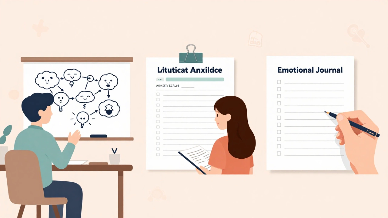 Три сцены терапии: объяснение метода, заполнение шкалы тревожности и план ведения дневника эмоций.