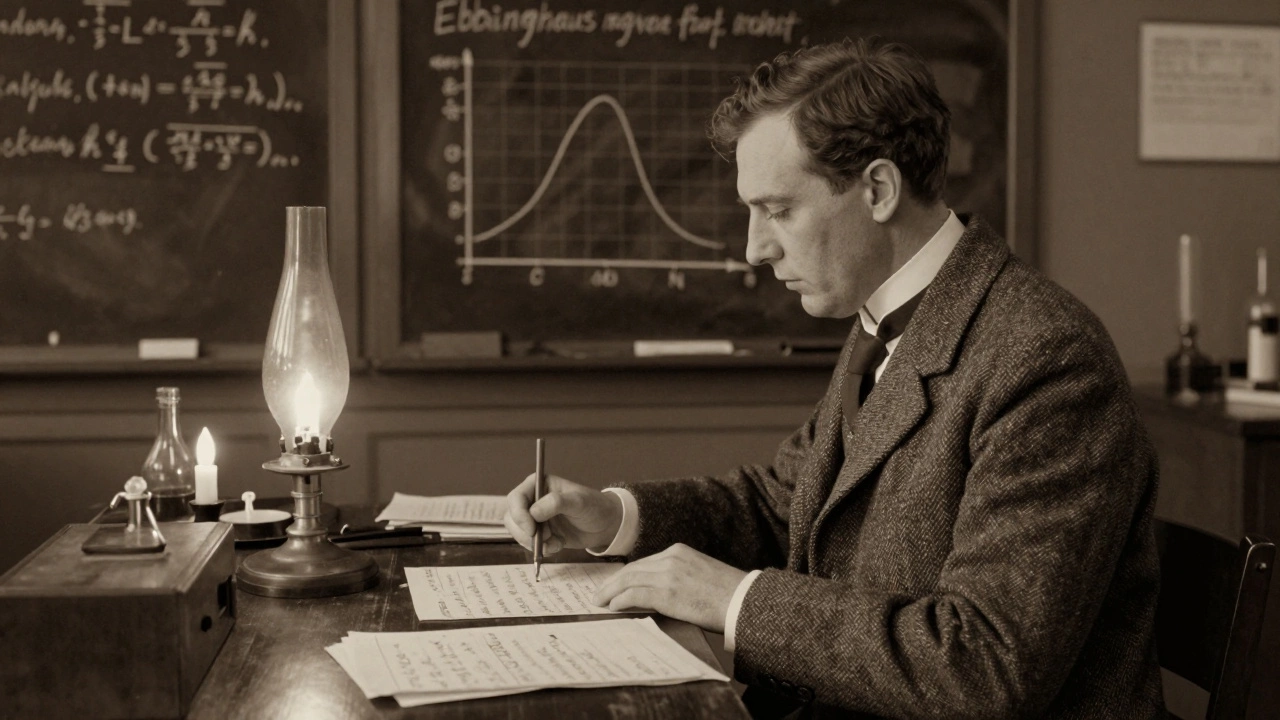 Учёный в начале XX века проводит эксперимент по памяти в старинной лаборатории с досками и графиками.