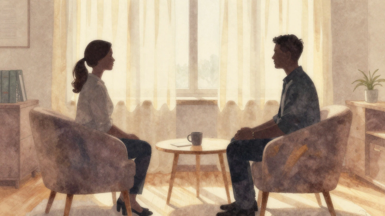 Уютный кабинет психолога с двумя сидящими фигурами на креслах.