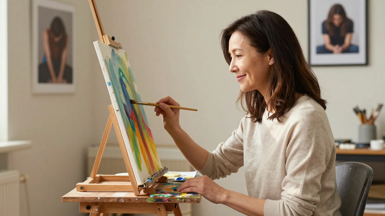 Женщина рисует в светлой мастерской, на стене — фото её прошлого состояния, символизирующее исцеление.