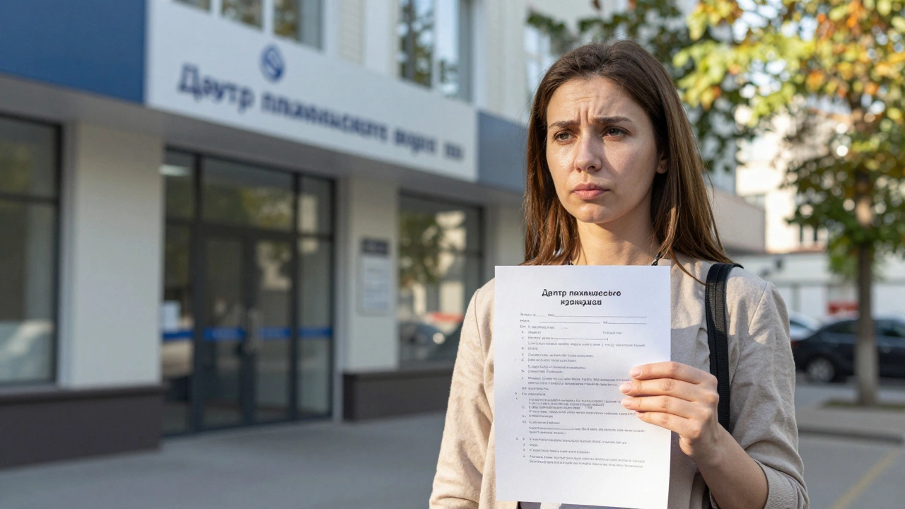 Женщина стоит перед клиникой в Казани, держа лист с вопросами, утро, мягкий свет.